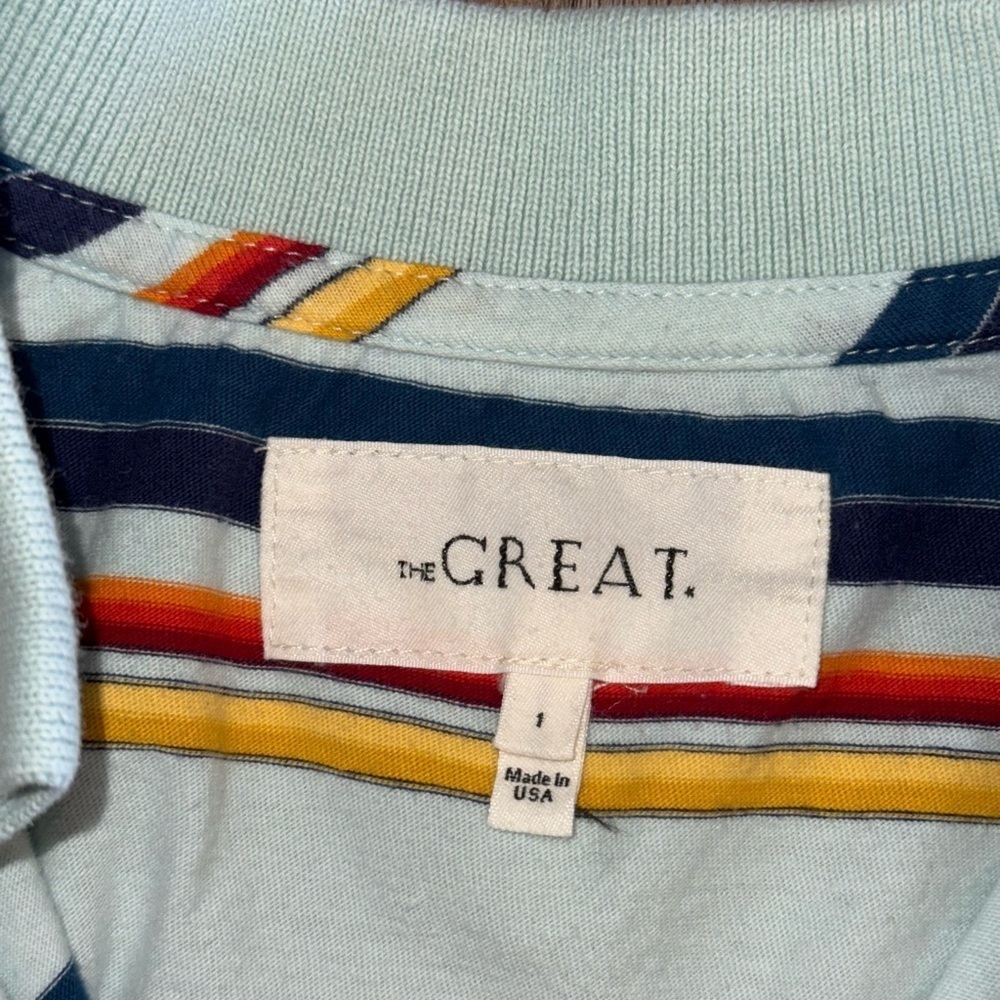 THE GREAT. Mint Striped Polo Tee with Navy, Red and Orange Stripes 1 - Picture 6 of 12